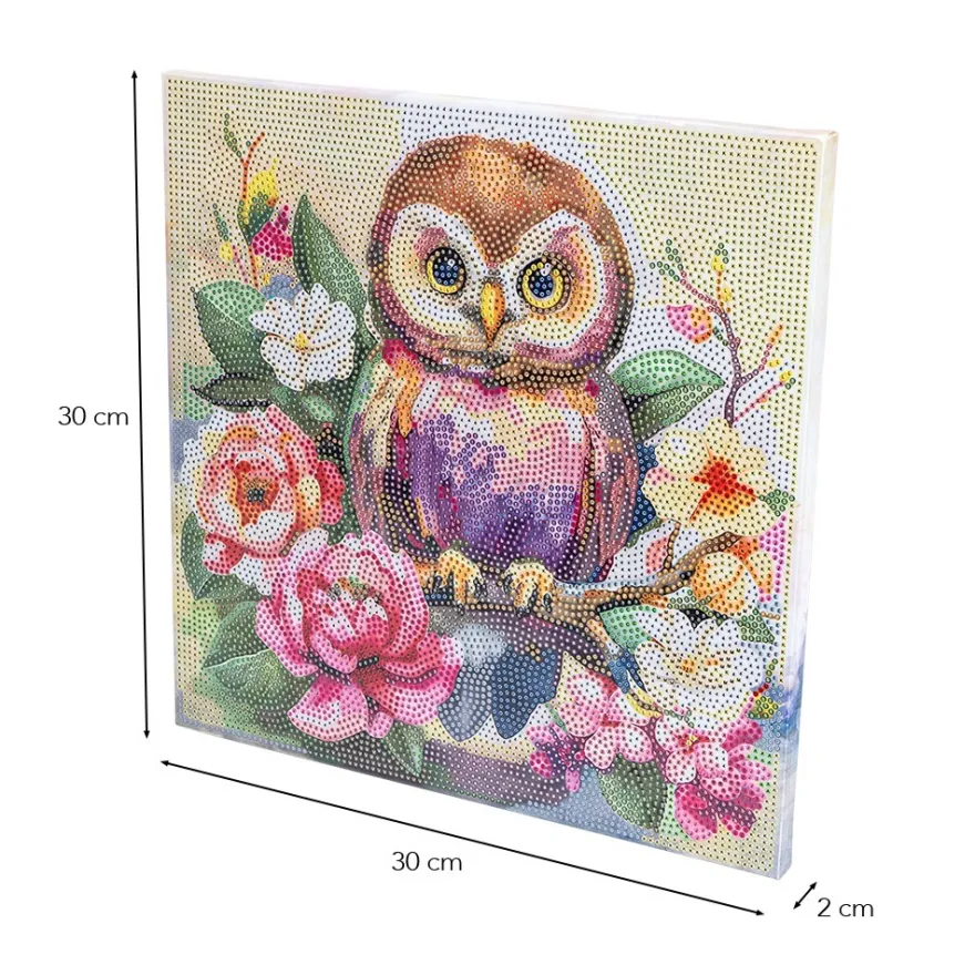 Diamond-Painting-Bild auf Keilrahmen, Eule mit Blumen, 30cm x 30cm, inkl. Werkzeug