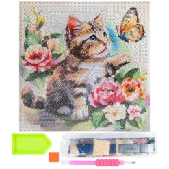 Diamond-Painting-Bild auf Keilrahmen, Katze mit Schmetterling, 30cm x 30cm, inkl. Werkzeug