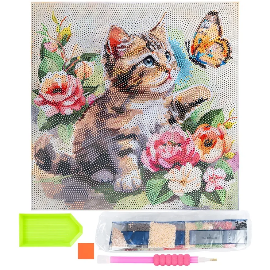 Diamond-Painting-Bild auf Keilrahmen, Katze mit Schmetterling, 30cm x 30cm, inkl. Werkzeug