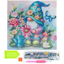 Diamond-Painting-Bild auf Keilrahmen, Wichtel mit Blumen, 30cm x 30cm, inkl. Werkzeug