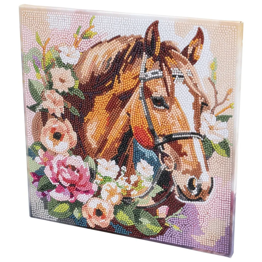 Diamond-Painting-Bild auf Keilrahmen, Pferd mit Blumen, 30cm x 30cm, inkl. Werkzeug