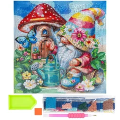 Diamond-Painting-Bild auf Keilrahmen, Wichtel mit Pilzhaus, 30cm x 30cm, inkl. Werkzeug