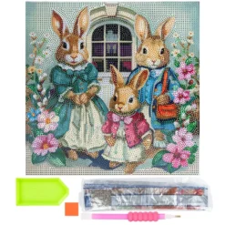 Diamond-Painting-Bild auf Keilrahmen, Hasenfamilie, 30cm x 30cm, inkl. Werkzeug