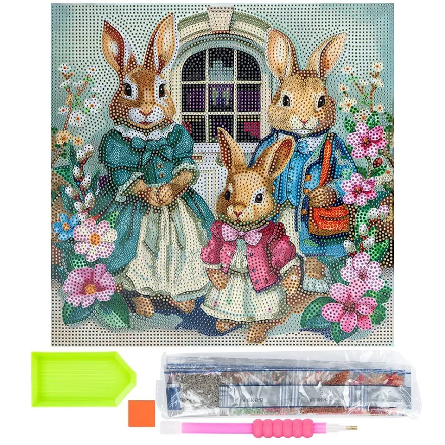Diamond-Painting-Bild auf Keilrahmen, Hasenfamilie, 30cm x 30cm, inkl. Werkzeug