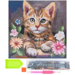 Diamond-Painting-Bild auf Keilrahmen, Katze mit Blumen, 30cm x 30cm, inkl. Werkzeug