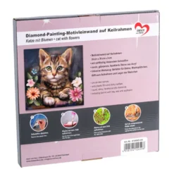 Diamond-Painting-Bild auf Keilrahmen, Katze mit Blumen, 30cm x 30cm, inkl. Werkzeug