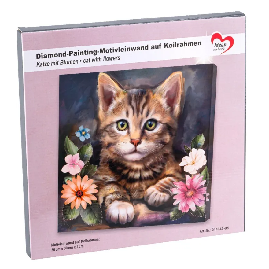 Diamond-Painting-Bild auf Keilrahmen, Katze mit Blumen, 30cm x 30cm, inkl. Werkzeug