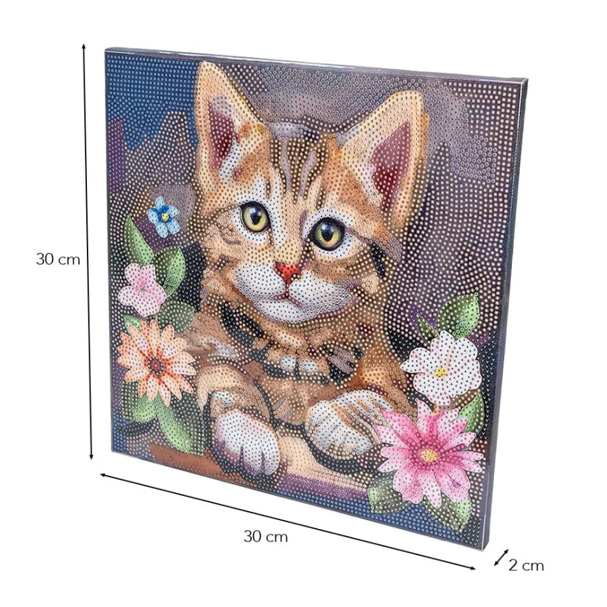 Diamond-Painting-Bild auf Keilrahmen, Katze mit Blumen, 30cm x 30cm, inkl. Werkzeug