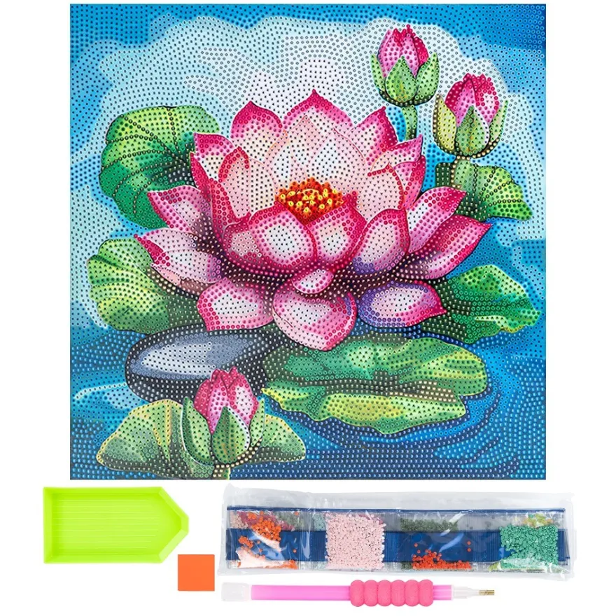 Diamond-Painting-Bild auf Keilrahmen, Lotusblüte, 30cm x 30cm, inkl. Werkzeug