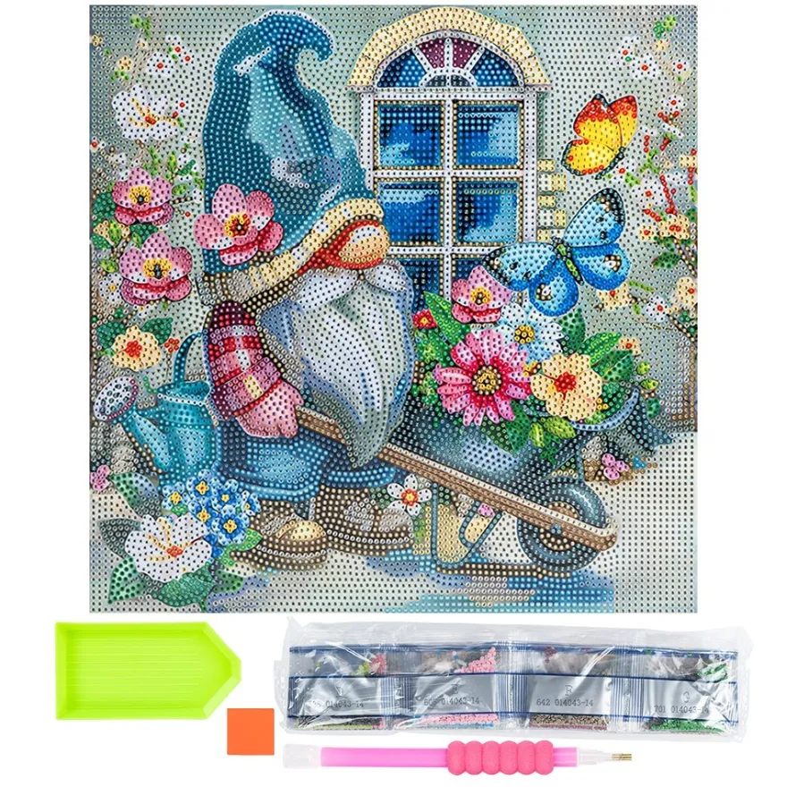 Diamond-Painting-Bild auf Keilrahmen, Wichtel im Garten, 30cm x 30cm, inkl. Werkzeug