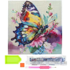 Diamond-Painting-Bild auf Keilrahmen, Schmetterling mit Blumen, 30cm x 30cm, inkl. Werkzeug