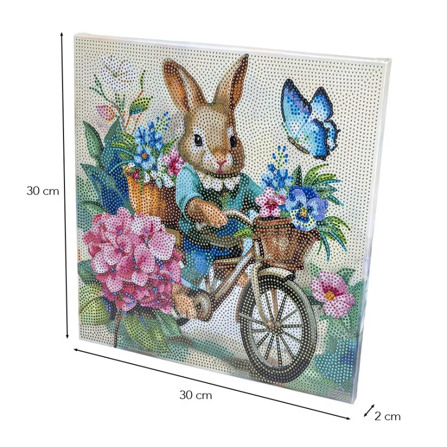 Diamond-Painting-Bild auf Keilrahmen, Hase mit Fahrrad, 30cm x 30cm, inkl. Werkzeug