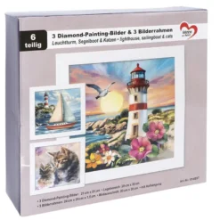 3 Diamond-Painting-Bilder & 3 Bilderrahmen, versch. Designs Leuchtturm, Segelboot, Katzen, 6-teilig