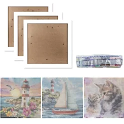 3 Diamond-Painting-Bilder & 3 Bilderrahmen, versch. Designs Leuchtturm, Segelboot, Katzen, 6-teilig