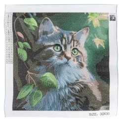 Diamond-Painting-Bild, Katze mit Blättern, 30cm x 30cm, inkl. Werkzeug