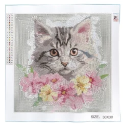 Diamond-Painting-Bild, Katze mit Blüten, 30cm x 30cm, inkl. Werkzeug