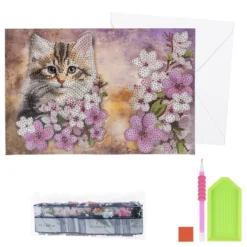 Diamond-Painting-Faltkarte zum Aufstellen, Katze mit Blumen 2, 370g/m², inkl. Umschlag & Werkzeug
