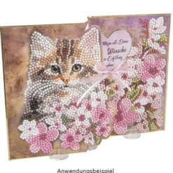 Diamond-Painting-Faltkarte zum Aufstellen, Katze mit Blumen 2, 370g/m², inkl. Umschlag & Werkzeug
