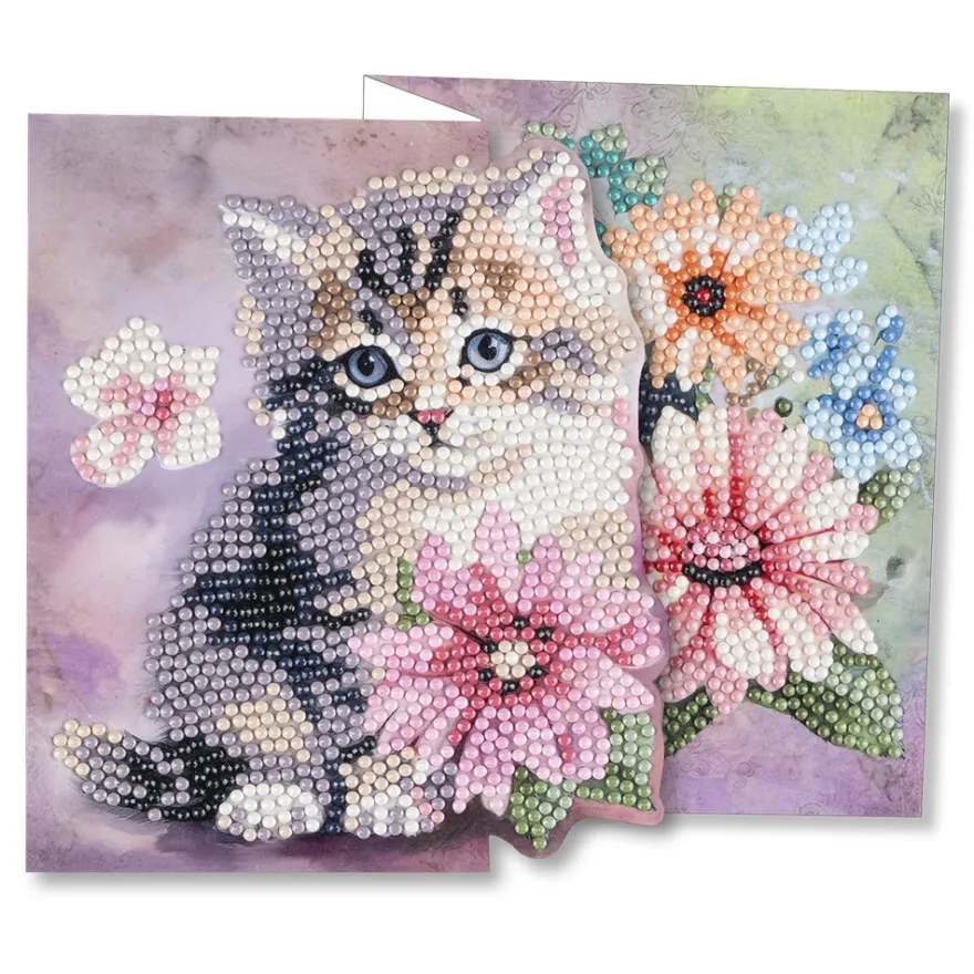 Diamond-Painting-Faltkarte zum Aufstellen, Katze mit Blumen 1, 370g/m², inkl. Umschlag & Werkzeug