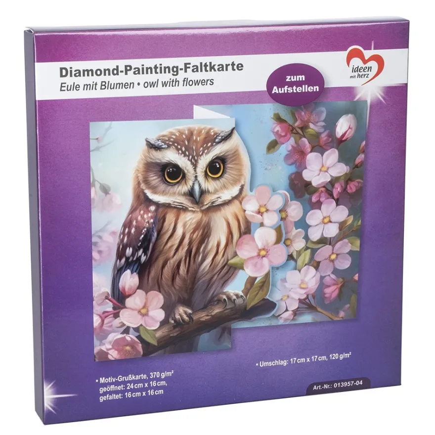 Diamond-Painting-Faltkarte zum Aufstellen, Eule mit Blumen, 370g/m², inkl. Umschlag & Werkzeug