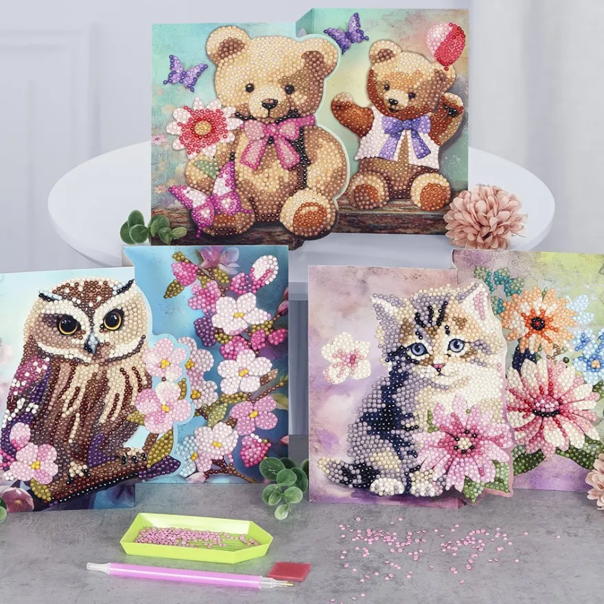 Diamond-Painting-Faltkarte zum Aufstellen, Teddybären, 370g/m², inkl. Umschlag & Werkzeug
