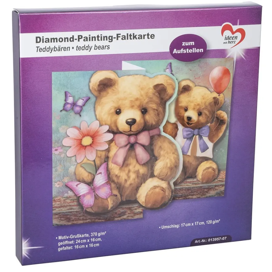Diamond-Painting-Faltkarte zum Aufstellen, Teddybären, 370g/m², inkl. Umschlag & Werkzeug