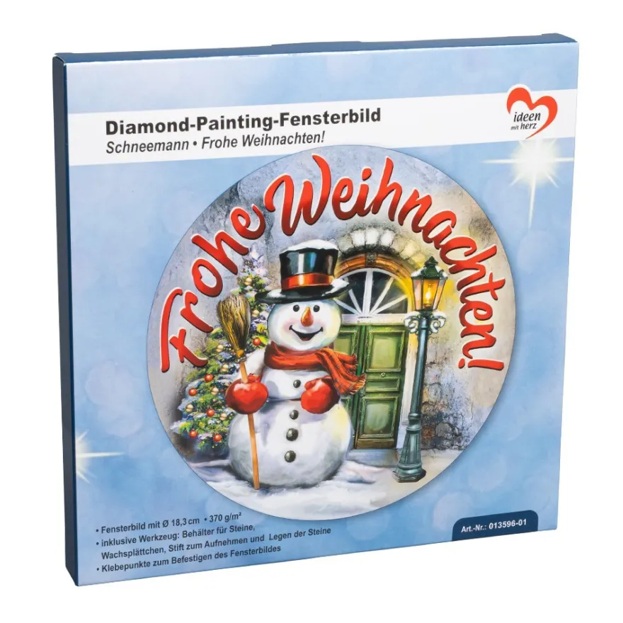 Diamond-Painting-Fensterbild, Schneemann - Frohe Weihnachten!, Ø18,3cm, inkl. Zubehör
