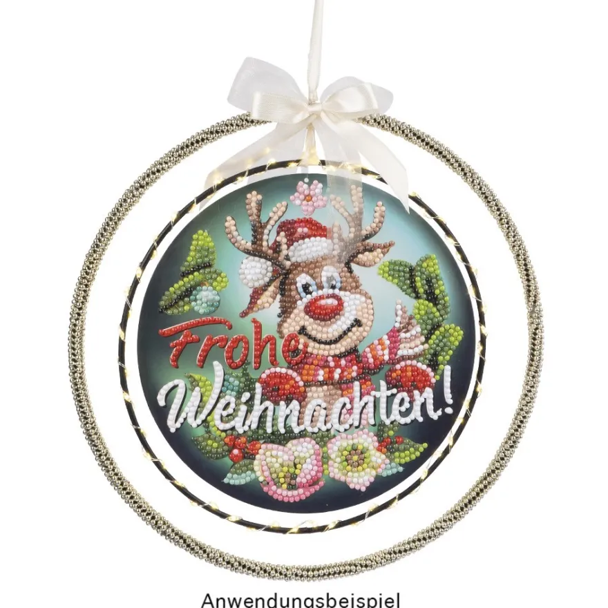 Diamond-Painting-Fensterbild, Rentier Rudolph - Frohe Weihnachten!, Ø18,3cm, inkl. Zubehör