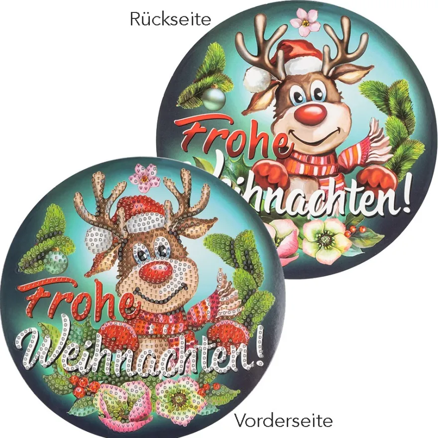 Diamond-Painting-Fensterbild, Rentier Rudolph - Frohe Weihnachten!, Ø18,3cm, inkl. Zubehör