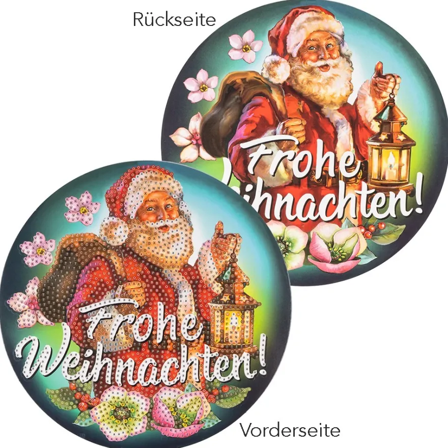 Diamond-Painting-Fensterbild, Weihnachtsmann - Frohe Weihnachten!, Ø18,3cm, inkl. Zubehör