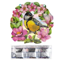 Diamond-Painting-Fensterbild, Kohlmeise im Blütenkranz, 19,7cm, doppelseitig