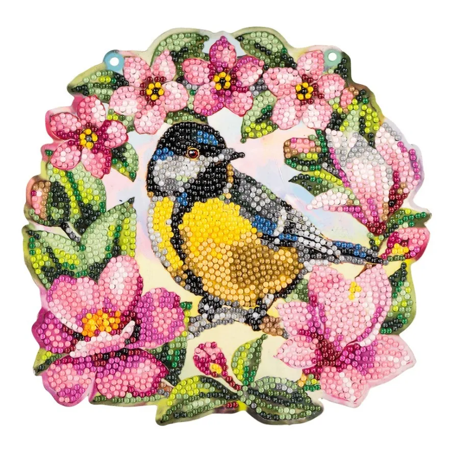 Diamond-Painting-Fensterbild, Kohlmeise im Blütenkranz, 19,7cm, doppelseitig
