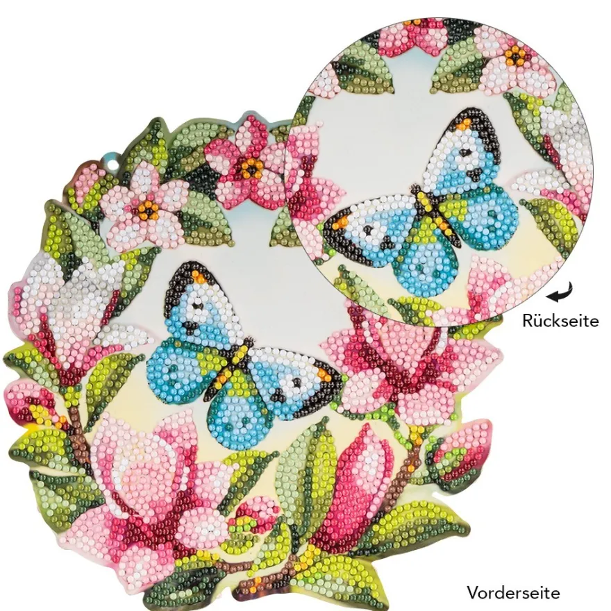 Diamond-Painting-Fensterbild, Blauer Schmetterling im Blütenkranz, 20,2cm, doppelseitig