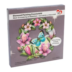 Diamond-Painting-Fensterbild, Blauer Schmetterling im Blütenkranz, 20,2cm, doppelseitig