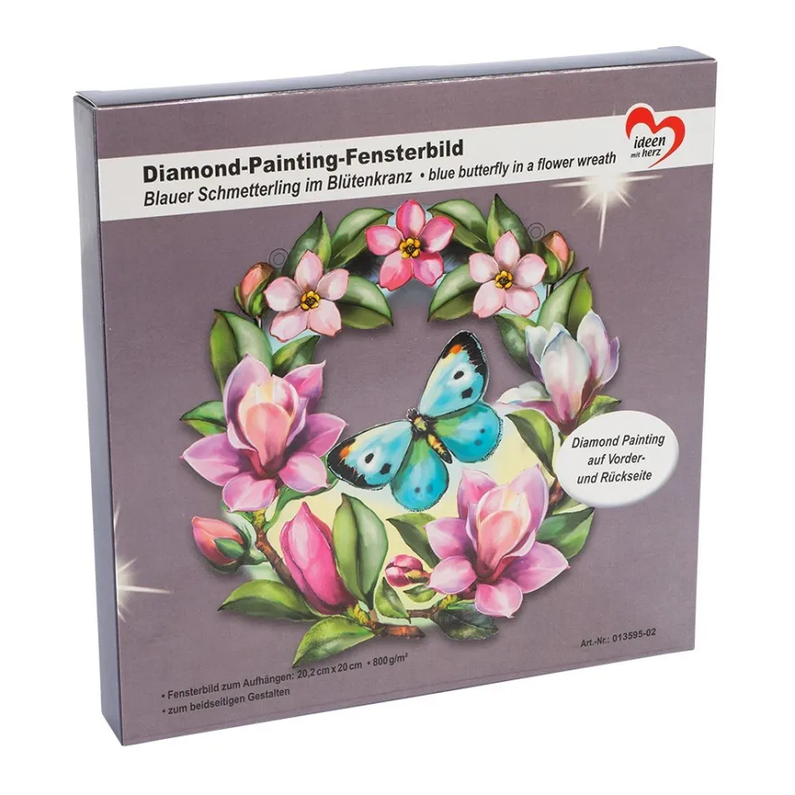 Diamond-Painting-Fensterbild, Blauer Schmetterling im Blütenkranz, 20,2cm, doppelseitig