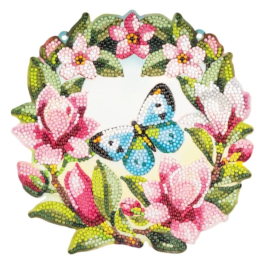Diamond-Painting-Fensterbild, Blauer Schmetterling im Blütenkranz, 20,2cm, doppelseitig
