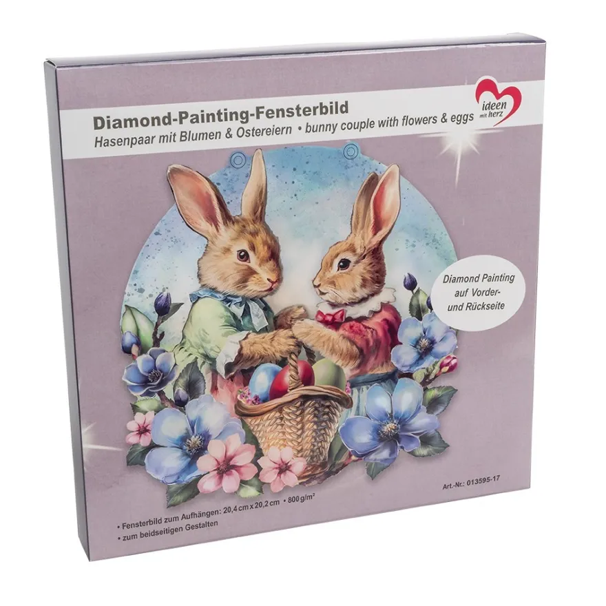 Diamond-Painting-Fensterbild, Hasenpaar mit Blumen & Ostereiern, 20,4cm, doppelseitig