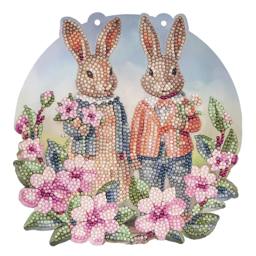Diamond-Painting-Fensterbild, Hasenpaar mit Blumen 2, 20,3cm, doppelseitig