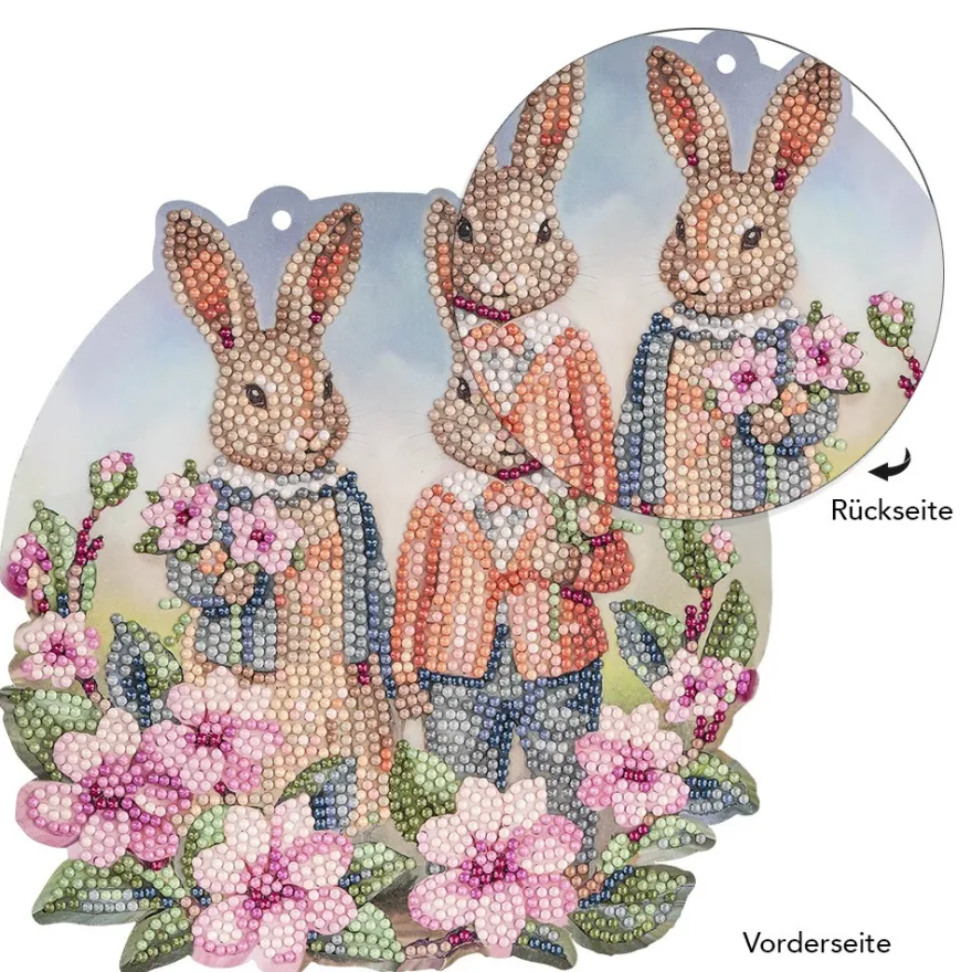 Diamond-Painting-Fensterbild, Hasenpaar mit Blumen 2, 20,3cm, doppelseitig