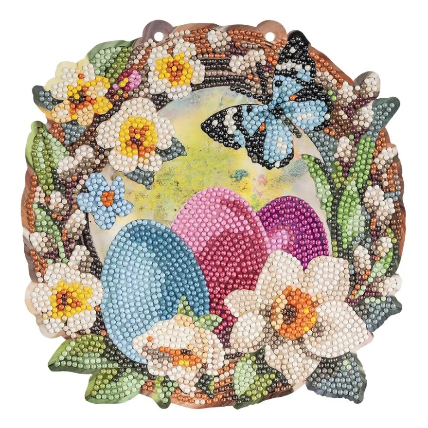 Diamond-Painting-Fensterbild, Weidenkranz mit Blumen & Ostereiern, 20,2cm, doppelseitig