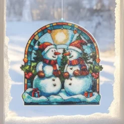 Diamond-Painting-Fensterbild, Glaskunst-Optik, Schneemänner, 19,9cm x 19,5cm