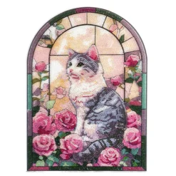 Diamond-Painting-Fensterbild, Glaskunst-Optik XL, Katze mit Rosen, 24,7cm x 35,6cm, 500µ