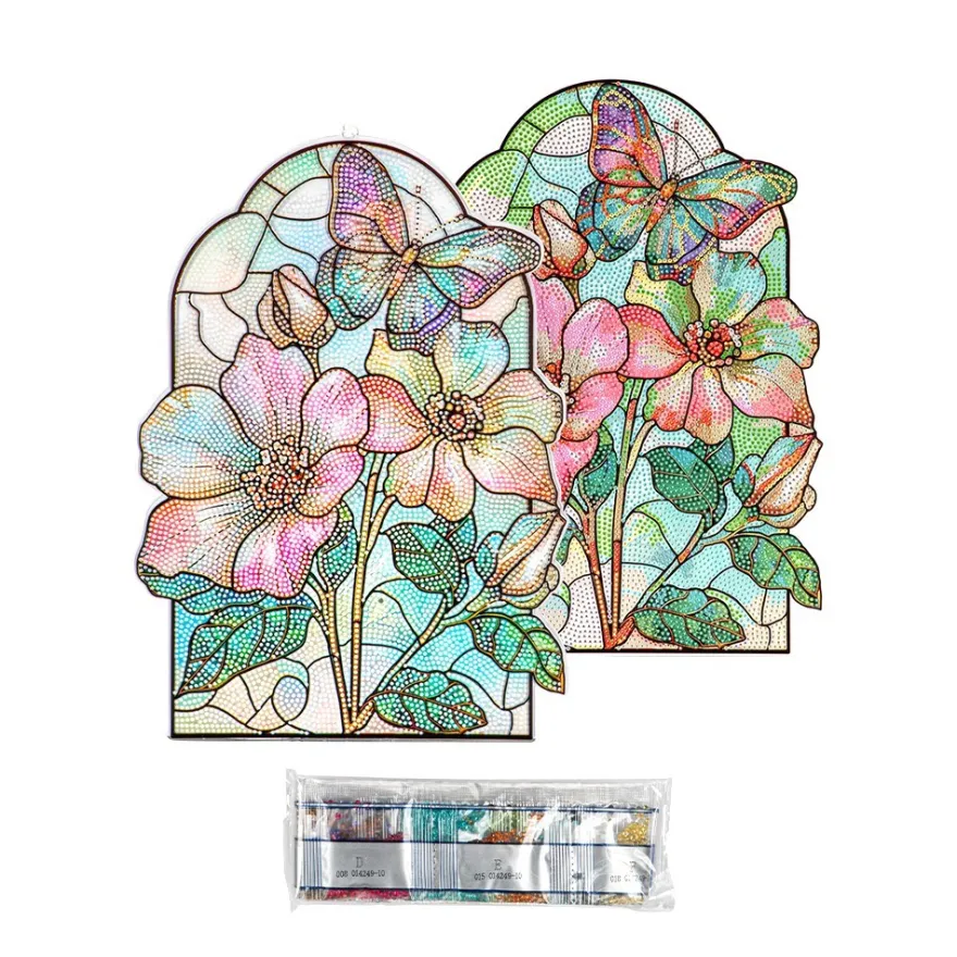 Diamond-Painting-Fensterbild, Glaskunst-Optik XL, Schmetterling mit Blüten, 25,6cm x 35,9cm, 500µ