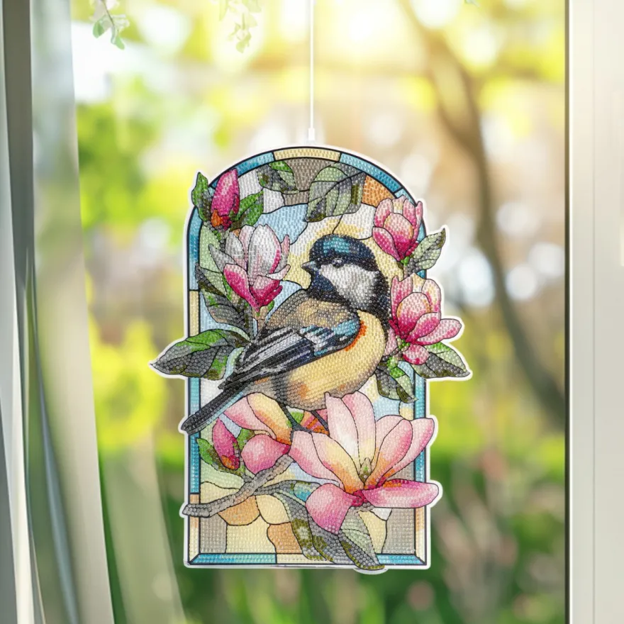 Diamond-Painting-Fensterbild, Glaskunst-Optik XL, Kohlmeise mit Magnolien, 26,8cm x 35,6cm, 500µ