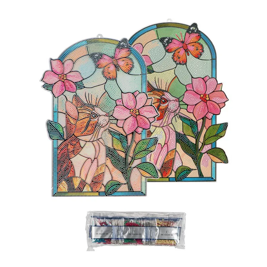 Diamond-Painting-Fensterbild, Glaskunst-Optik XL, Katze mit Blume, 25,6cm x 35,6cm, 500µ