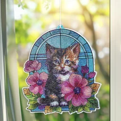 Diamond-Painting-Fensterbild, Glaskunst-Optik, Katze mit Blumen, 20cm x 17,7cm