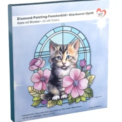 Diamond-Painting-Fensterbild, Glaskunst-Optik, Katze mit Blumen, 20cm x 17,7cm