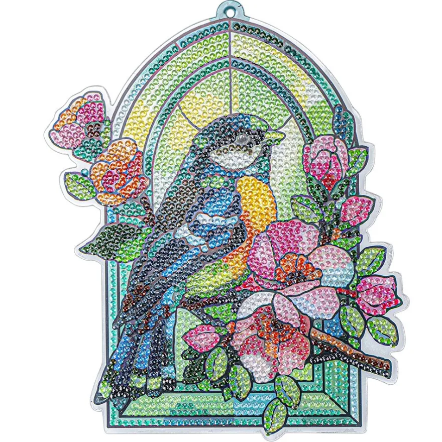 Diamond-Painting-Fensterbild, Glaskunst-Optik, Kohlmeise mit Blüten, 20,2cm x 17cm