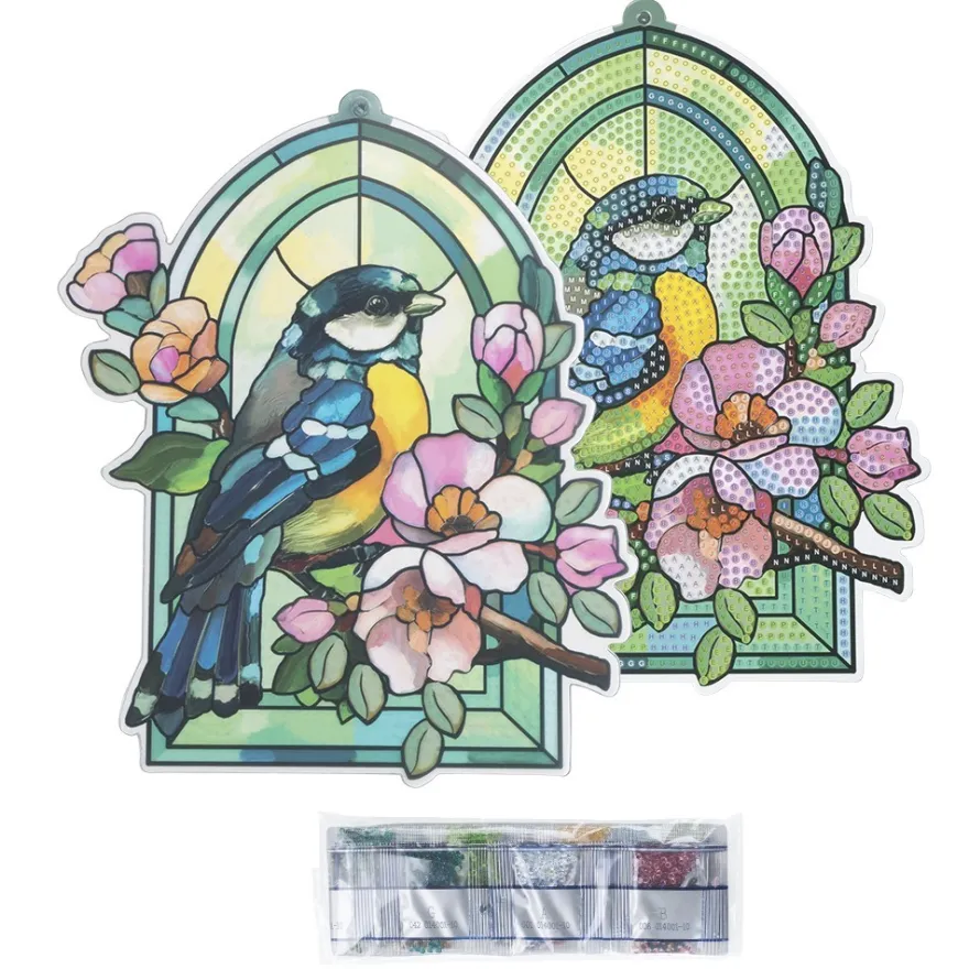 Diamond-Painting-Fensterbild, Glaskunst-Optik, Kohlmeise mit Blüten, 20,2cm x 17cm