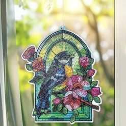 Diamond-Painting-Fensterbild, Glaskunst-Optik, Kohlmeise mit Blüten, 20,2cm x 17cm
